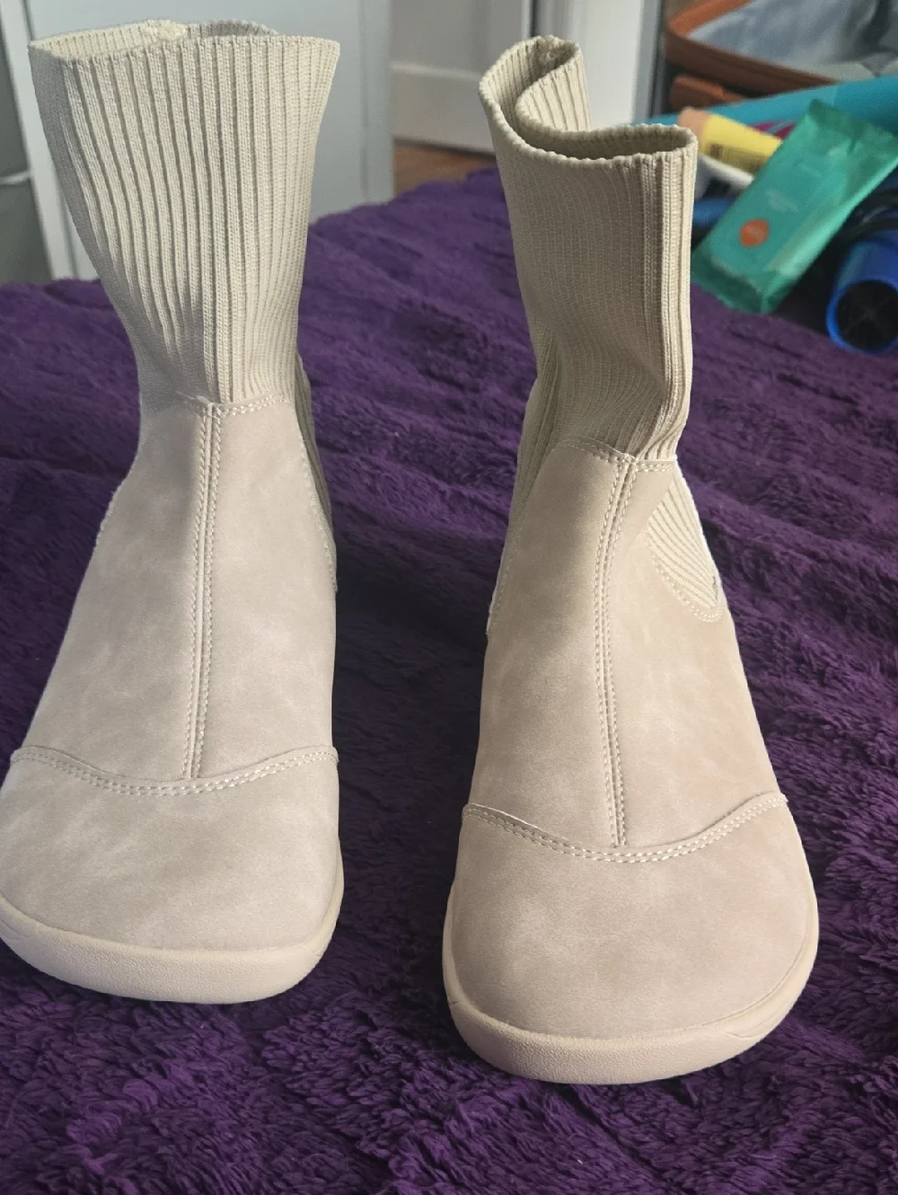 WHITIN Neutral Beige Suede Sock Ankle Boots - Picture 1 of 3